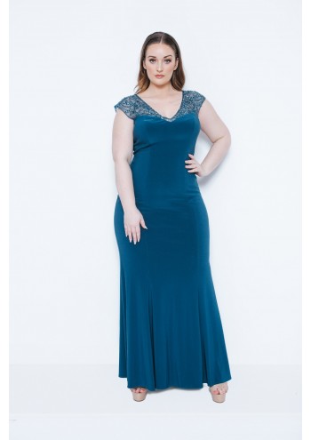 Diamanto Midnight Teal Long Dress with Scarf 31013402 Front 